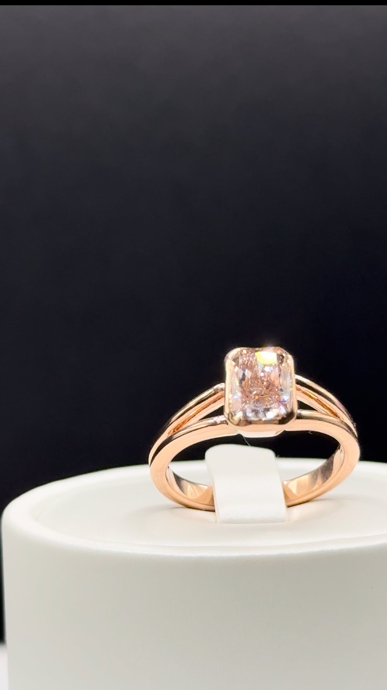 1.71 CT Brownish Pink Radiant Diamond Ring – Double Band Bezel Set in 14K Rose Gold