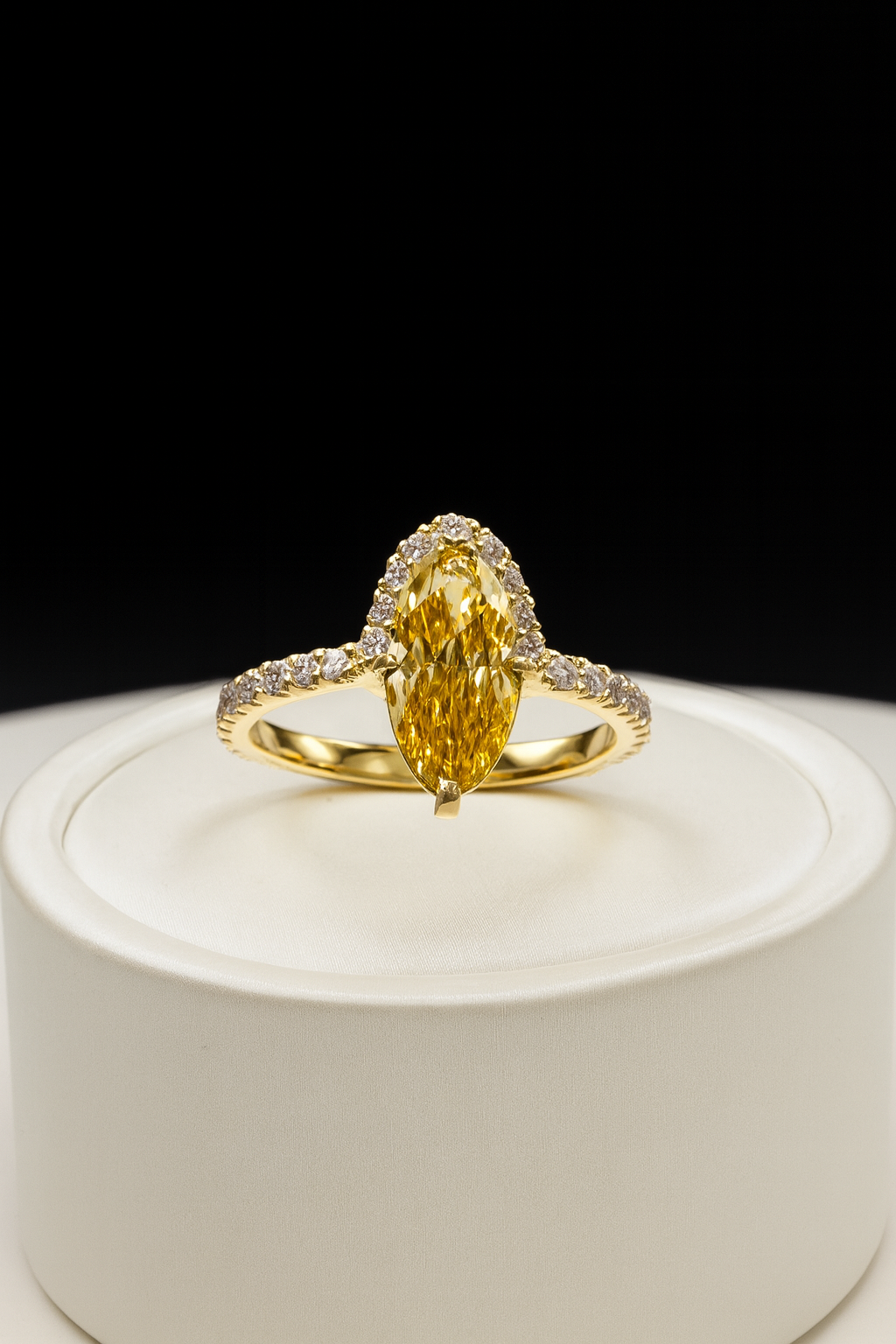 Half Moon & Oval Fancy Vivid Yellow Lab Diamond Ring – 2.01 CT – Ready to Ship