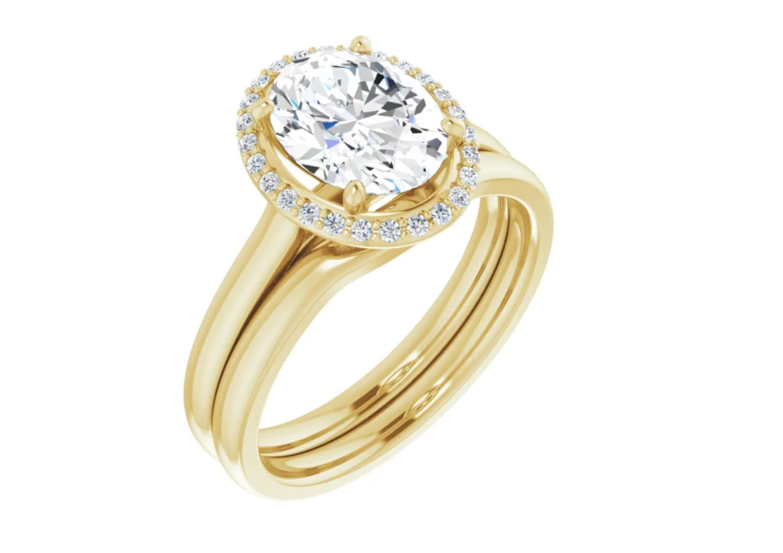 14K Yellow Gold + Band Set 1.21 ct Oval Natural Halo-Style Engagement Ring With Matching Band