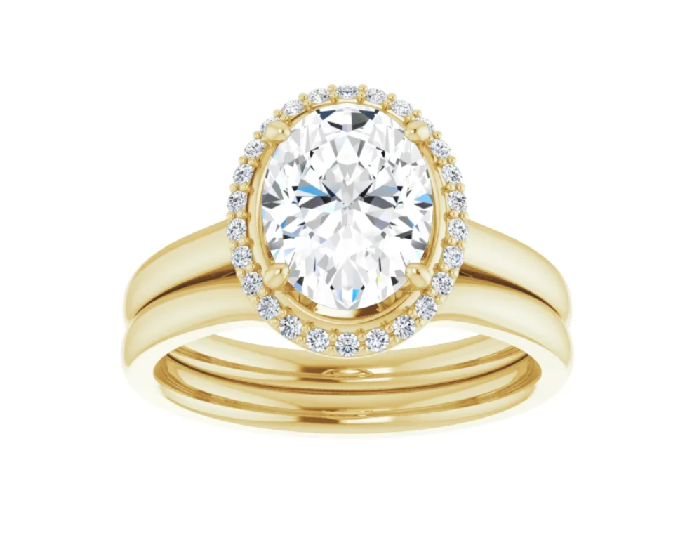 14K Yellow Gold + Band Set 1.21 ct Oval Natural Halo-Style Engagement Ring With Matching Band