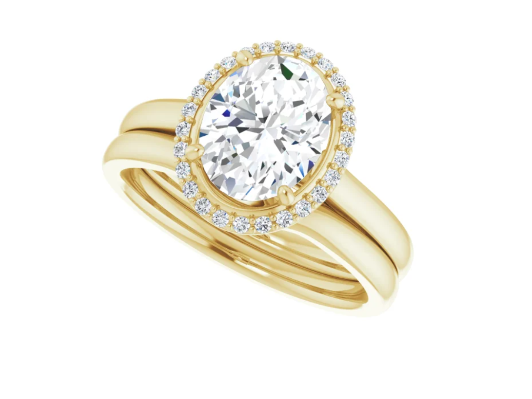 14K Yellow Gold + Band Set 1.21 ct Oval Natural Halo-Style Engagement Ring With Matching Band