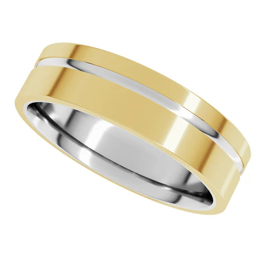 14K White/Yellow 6 mm Grooved Comfort-Fit Flat Band Size 10