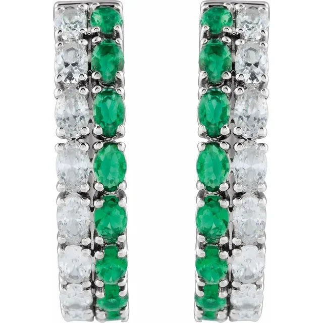 14K White Lab-Grown Emerald & Diamond Hoop Earrings | 1.63 CTW VS GH