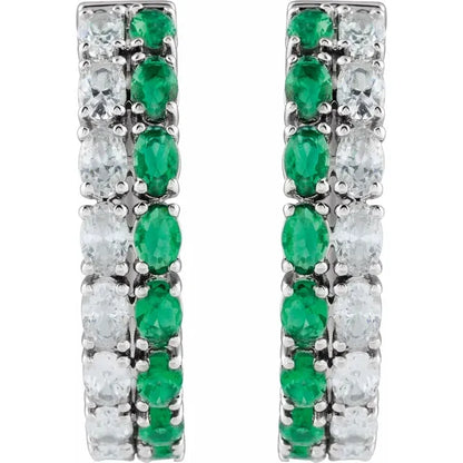 14K White Lab-Grown Emerald & Diamond Hoop Earrings | 1.63 CTW VS GH