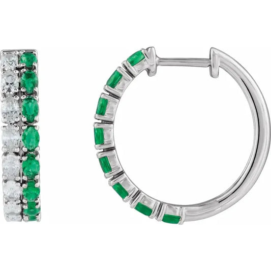 14K White Lab-Grown Emerald & Diamond Hoop Earrings | 1.63 CTW VS GH