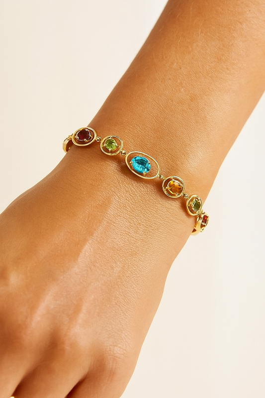 14K Yellow Gold Natural Multi-Gemstone Geometric Link Bracelet – 7 1/2"
