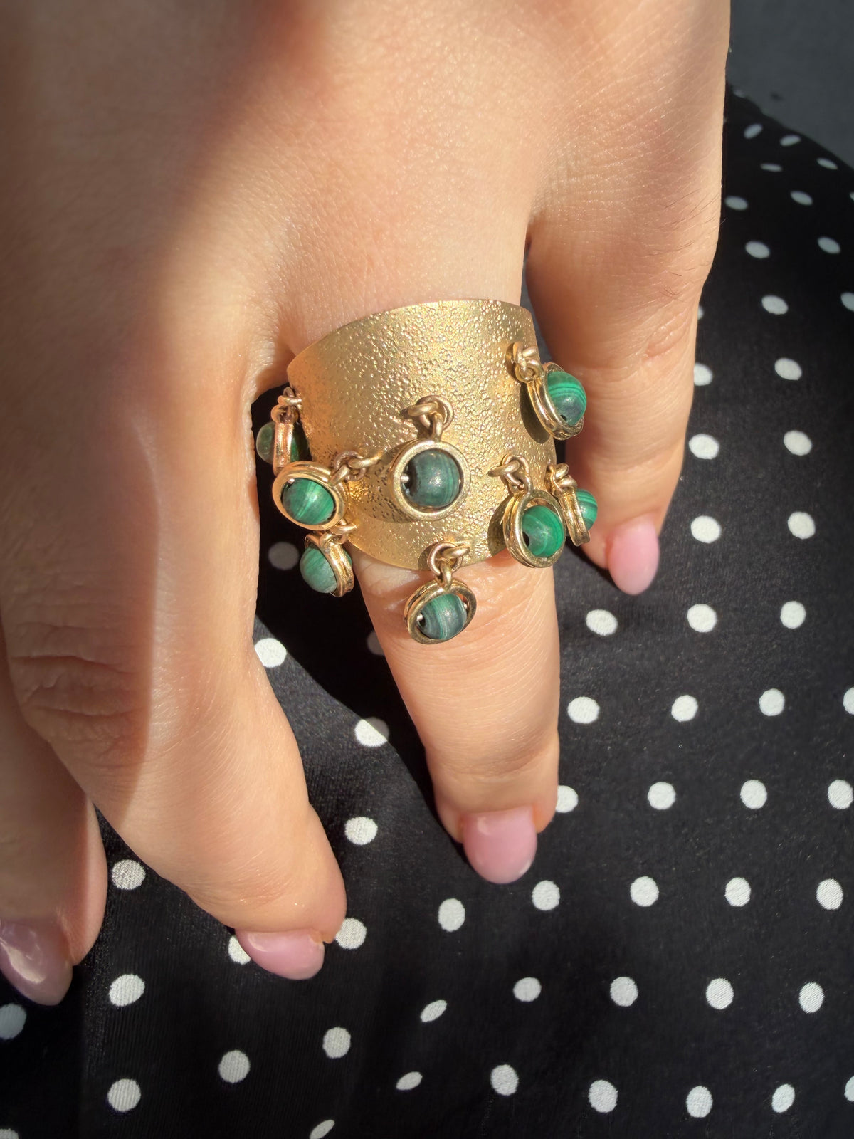 Custom Natural Malachite Beaded Chain Ring in 14K Yellow Gold