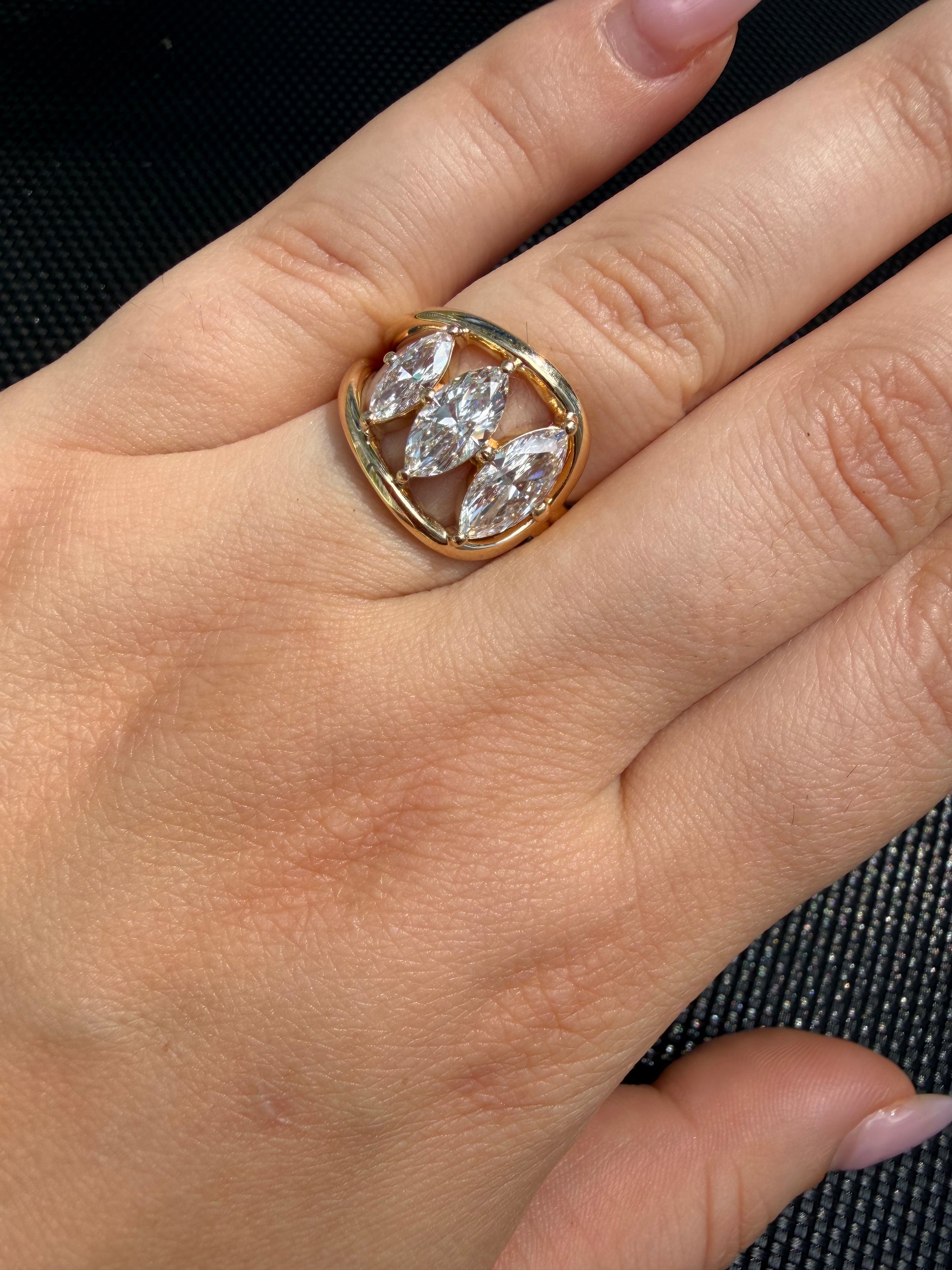 Three Stone Marquise Lab Grown Diamond Modern Ring – 2.20 CTW F VVS2 IGI | 18K Yellow Gold