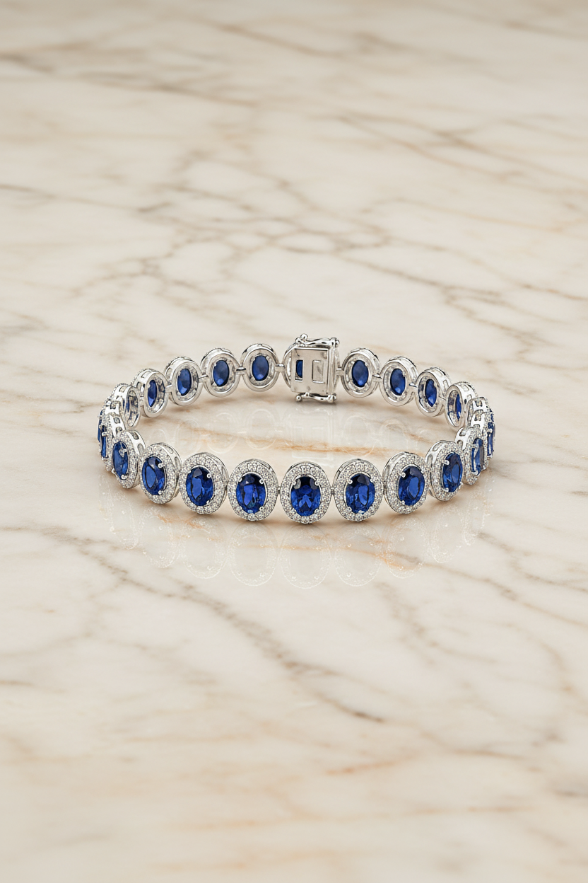 30.52 CTW Lab-Grown Blue Sapphire & Diamond Bracelet – 14K White Gold
