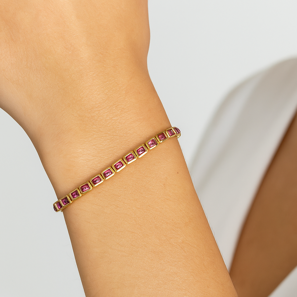 14K Yellow Gold Natural Pink Tourmaline Line Bracelet – 7"