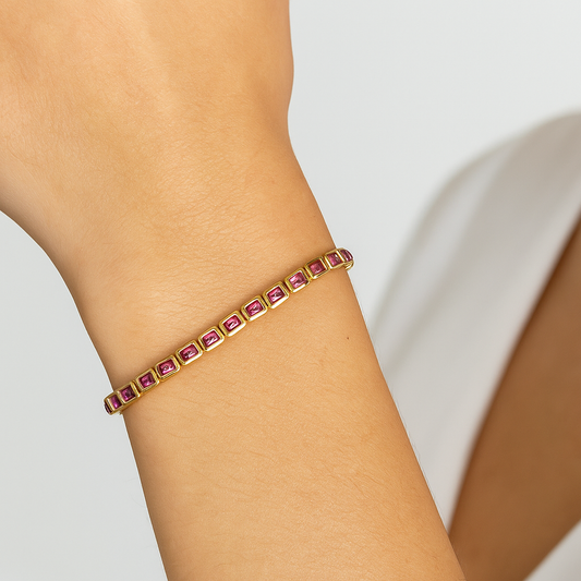 14K Yellow Gold Natural Pink Tourmaline Line Bracelet – 7"
