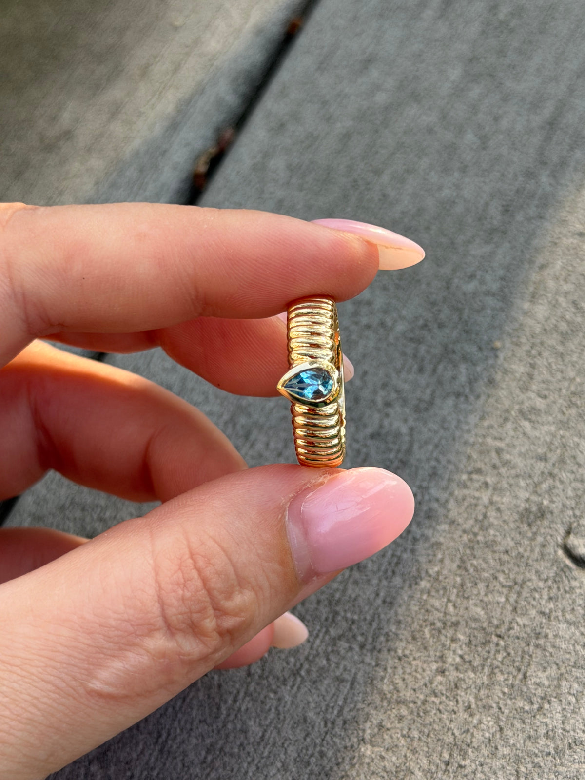 14K Yellow Gold Natural Sky Blue Topaz Pear Bezel Ring