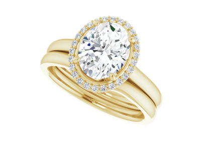 14K Yellow Gold + Band Set  1.21 ct  Oval Natural  Halo-Style Engagement Ring With Matching Band