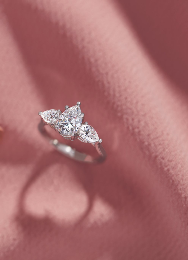 14K White Gold Three-Stone Pear Diamond Engagement Ring – G/VS